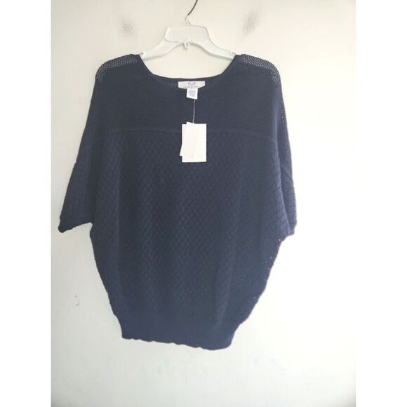 NWT Magaschoni Women Dark Blue Cotton/Modal Open Knit Dolman Sleeve Top Large - Picture 3 of 9